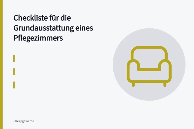 Pflegebett mit Nachttisch, Schrank, Rufanlage und Desinfektionsmittelspender im Pflegezimmer. Checkliste für die Grundausstattung eines Pflegezimmers