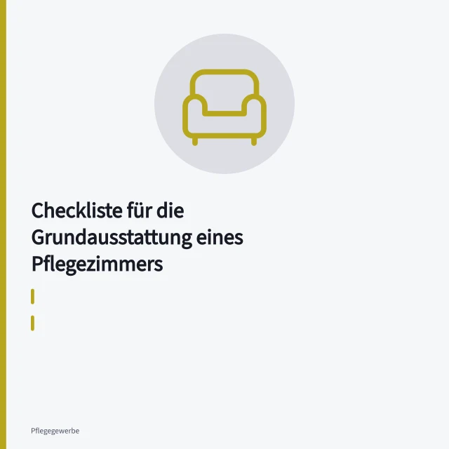 Pflegebett mit Nachttisch, Schrank, Rufanlage und Desinfektionsmittelspender im Pflegezimmer. Checkliste für die Grundausstattung eines Pflegezimmers