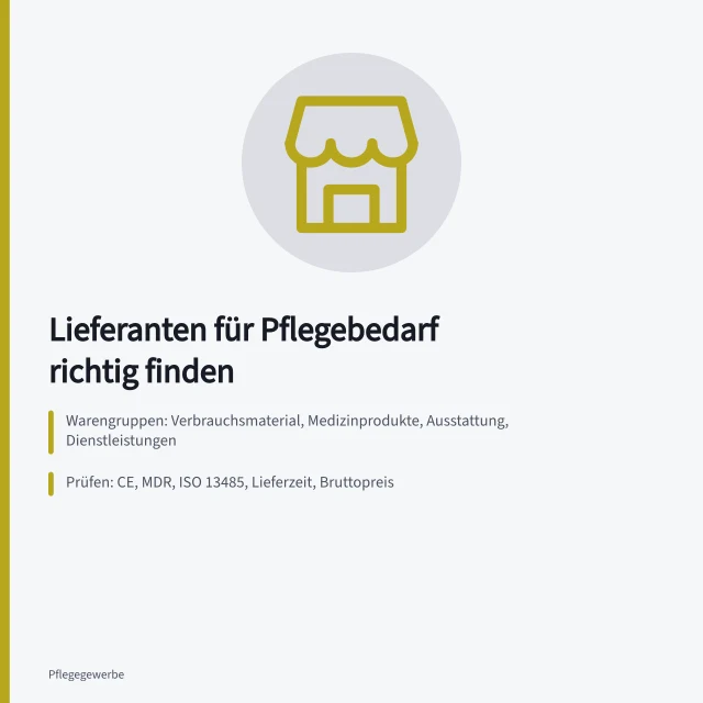 Karte zur Lieferantensuche für Pflegebetriebe mit Warengruppen und Prüfkriterien. Wie finden Pflegebetriebe geeignete Lieferanten für Pflegebedarf?